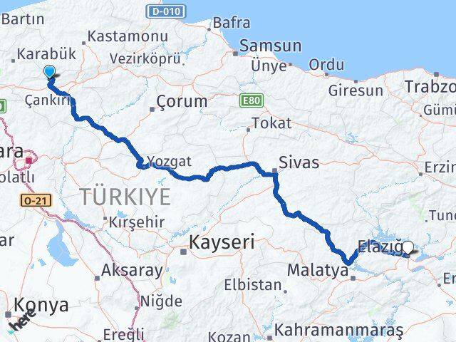 Çankırı Bayramören Elazığ Arası Kaç Km - Yol Haritası