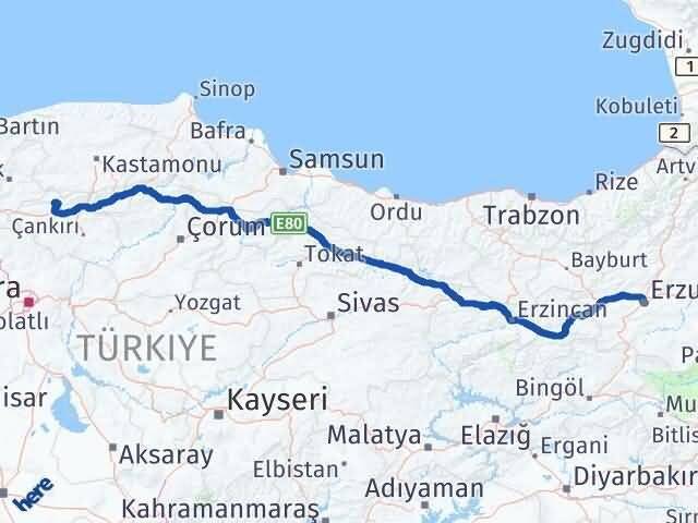 Çankırı Bayramören Erzurum Arası Kaç Km - Yol Haritası