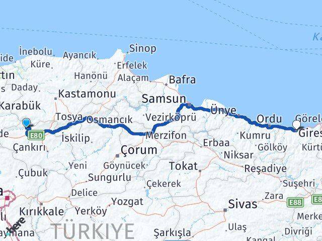 Çankırı Bayramören Giresun Arası Kaç Km - Yol Haritası
