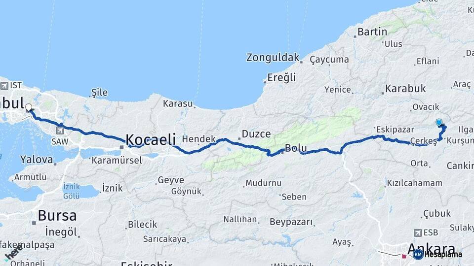 Çankırı Bayramören İstanbul Arası Kaç Km - Yol Haritası