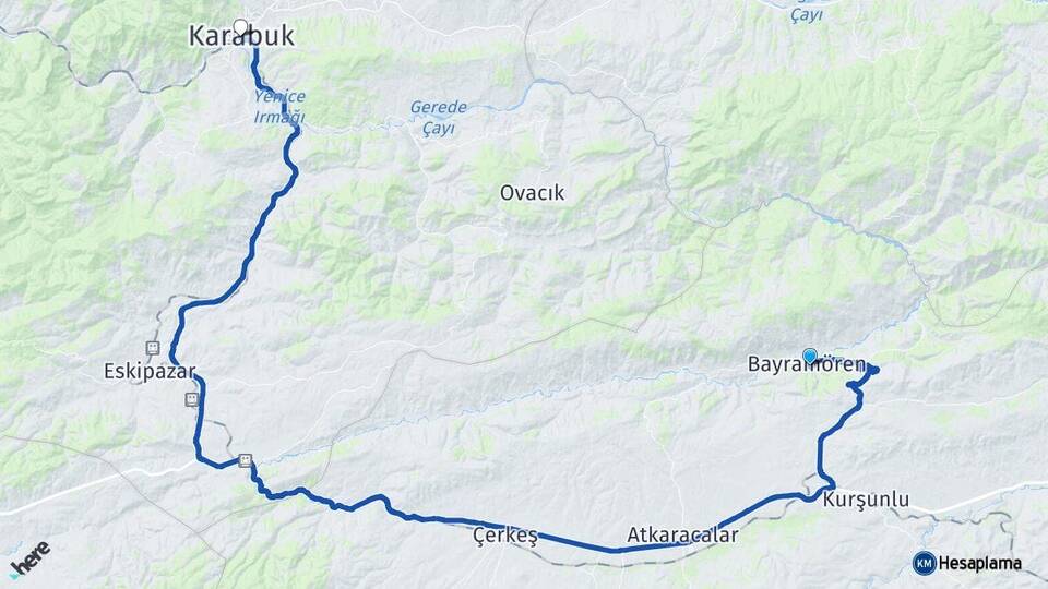 Çankırı Bayramören Karabük Arası Kaç Km - Yol Haritası