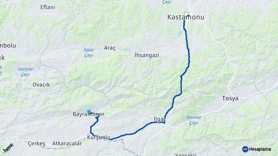 Çankırı Bayramören Kastamonu Arası Kaç Km - Yol Haritası