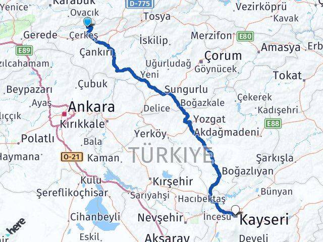 Çankırı Bayramören Kayseri Arası Kaç Km - Yol Haritası