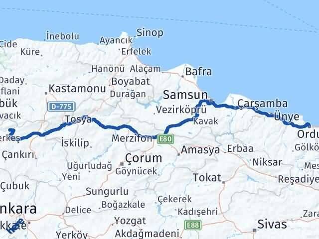 Çankırı Bayramören Ordu Arası Kaç Km - Yol Haritası