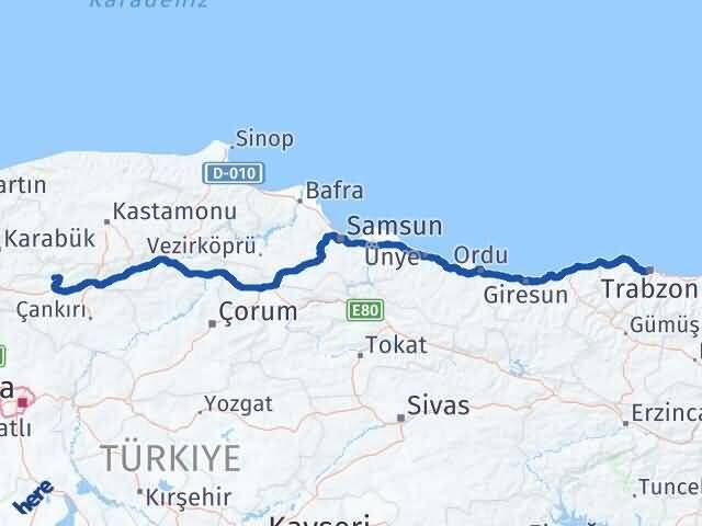 Çankırı Bayramören Trabzon Arası Kaç Km - Yol Haritası