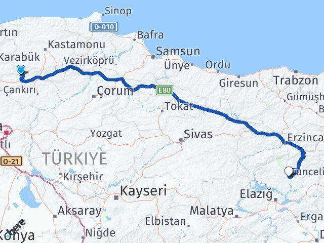 Çankırı Bayramören Tunceli Arası Kaç Km - Yol Haritası