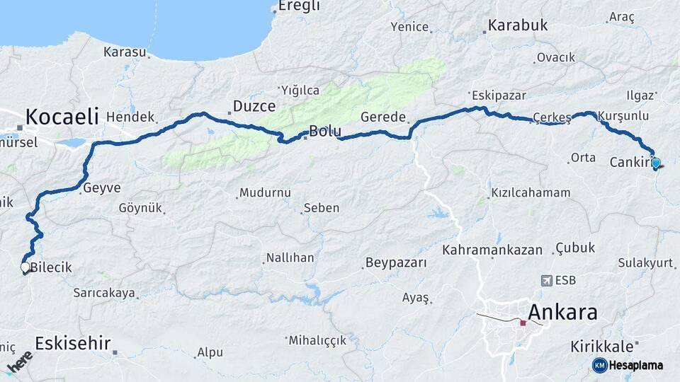 Çankırı Bilecik Arası Kaç Km - Yol Haritası