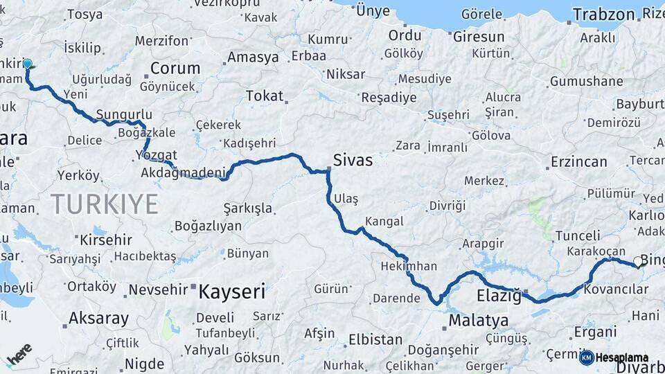 Çankırı Bingöl Arası Kaç Km - Yol Haritası