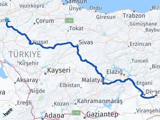 Çankırı Bismil Diyarbakır Arası Kaç Km - Yol Haritası
