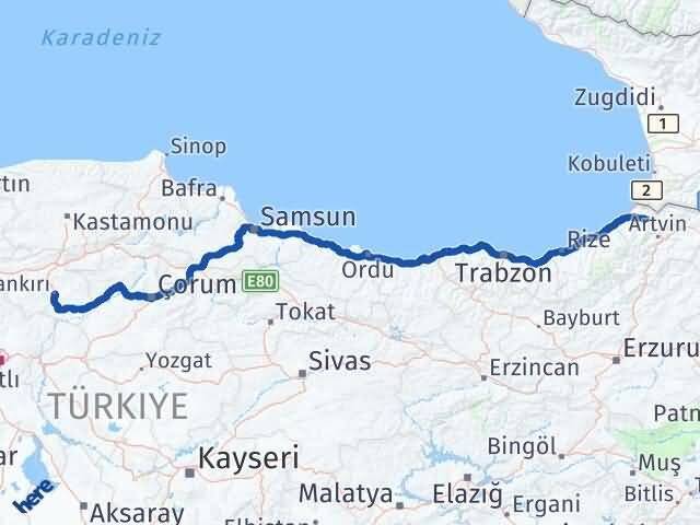 Çankırı Borçka Artvin Arası Kaç Km - Yol Haritası