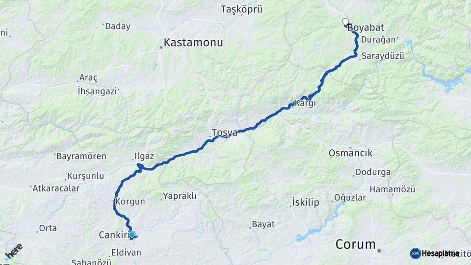 Çankırı Boyabat Sinop Arası Kaç Km - Yol Haritası
