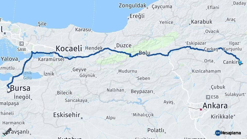 Çankırı Bursa Arası Kaç Km - Yol Haritası
