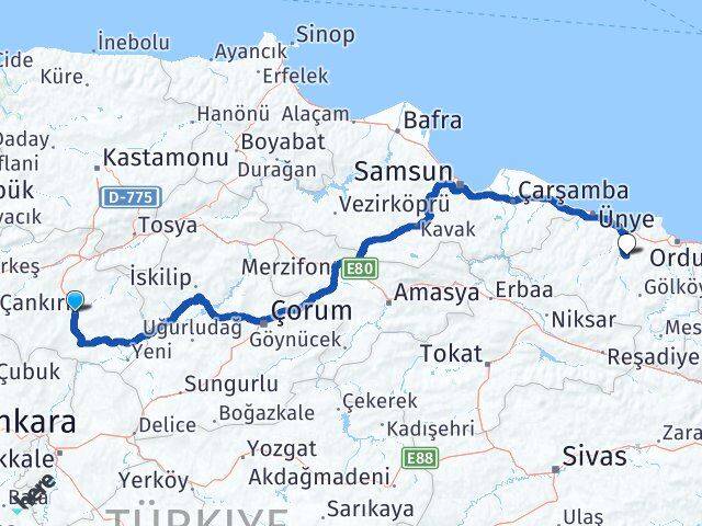 Çankırı Çamaş Ordu Arası Kaç Km - Yol Haritası