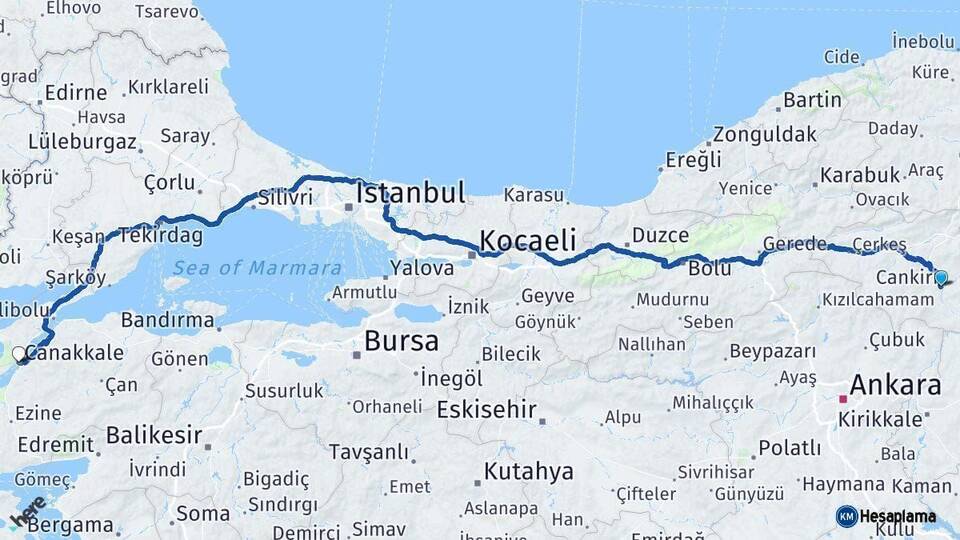 Çankırı Çanakkale Arası Kaç Km - Yol Haritası