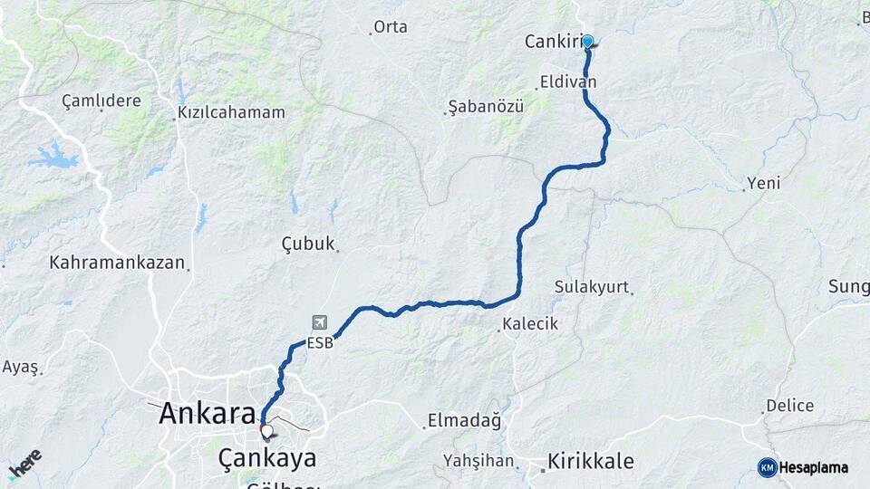 Çankırı Çankaya Ankara Arası Kaç Km - Yol Haritası