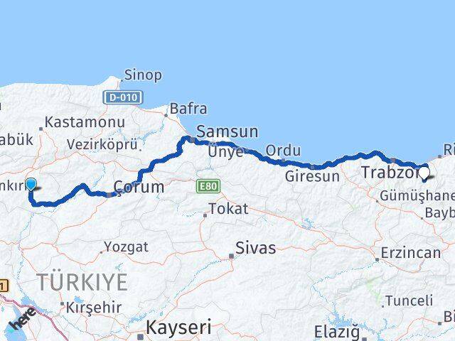 Çankırı Çaykara Trabzon Arası Kaç Km - Yol Haritası
