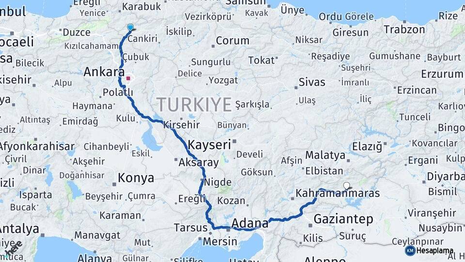 Çankırı Çerkeş Adıyaman Arası Kaç Km - Yol Haritası
