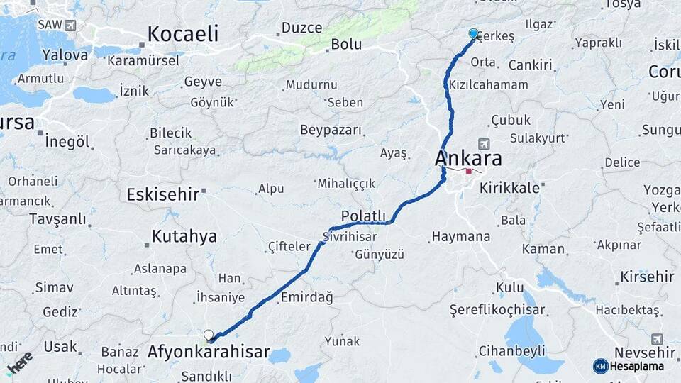 Çankırı Çerkeş Afyonkarahisar Arası Kaç Km - Yol Haritası