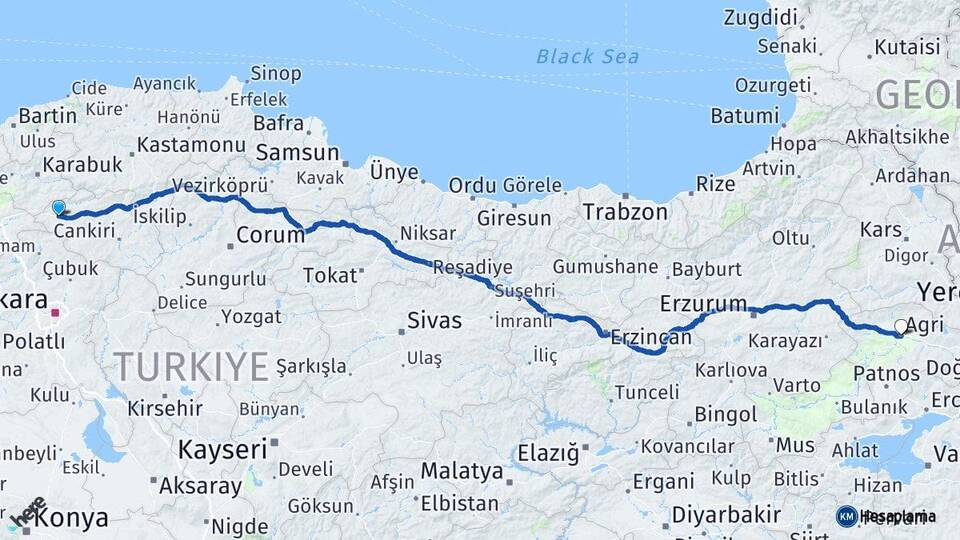 Çankırı Çerkeş Ağrı Arası Kaç Km - Yol Haritası