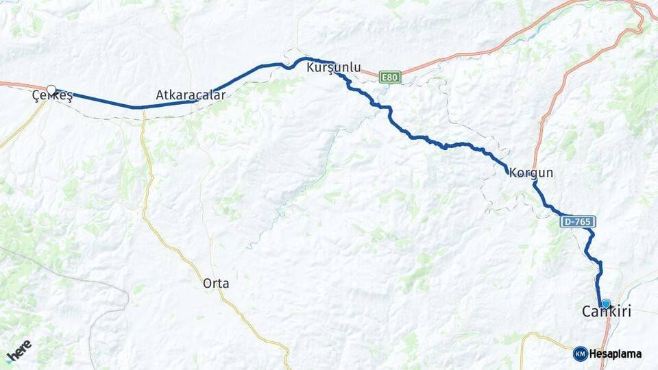Çankırı Çerkeş Arası Kaç Km - Yol Haritası