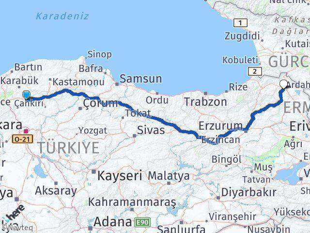 Çankırı Çerkeş Ardahan Arası Kaç Km - Yol Haritası