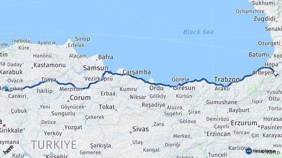Çankırı Çerkeş Artvin Arası Kaç Km - Yol Haritası