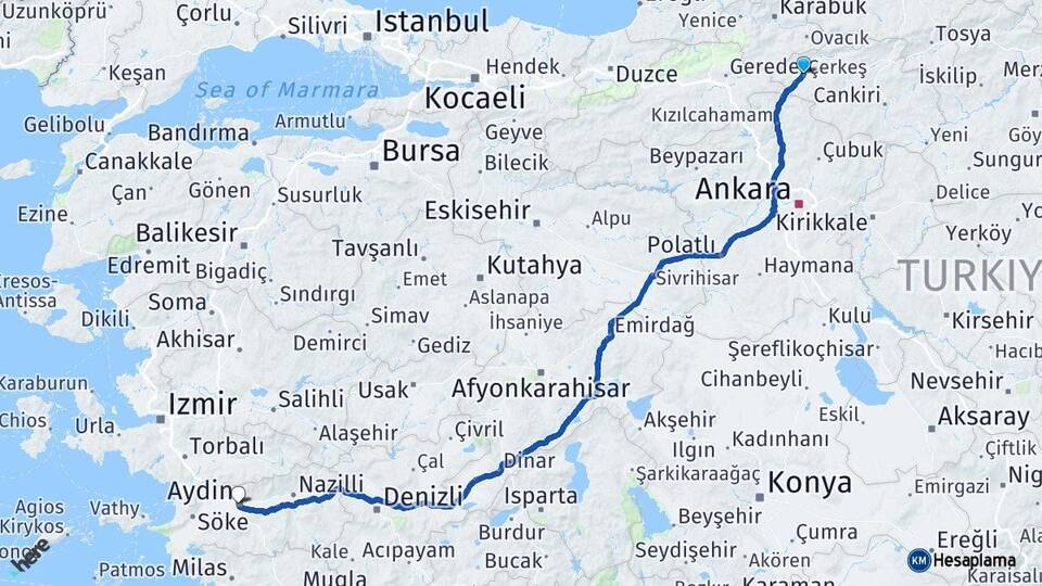 Çankırı Çerkeş Aydın Arası Kaç Km - Yol Haritası