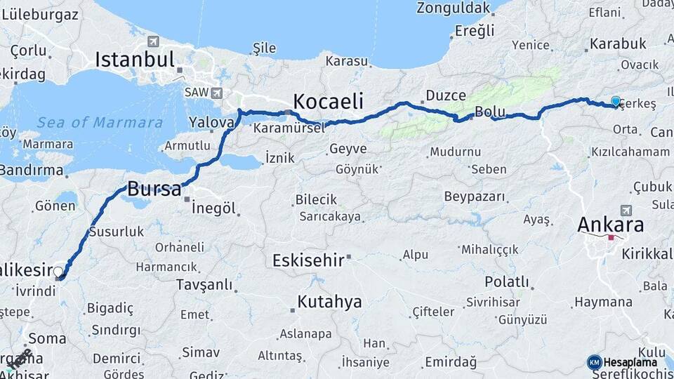 Çankırı Çerkeş Balıkesir Arası Kaç Km - Yol Haritası