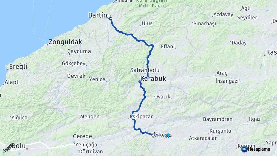 Çankırı Çerkeş Bartın Arası Kaç Km - Yol Haritası
