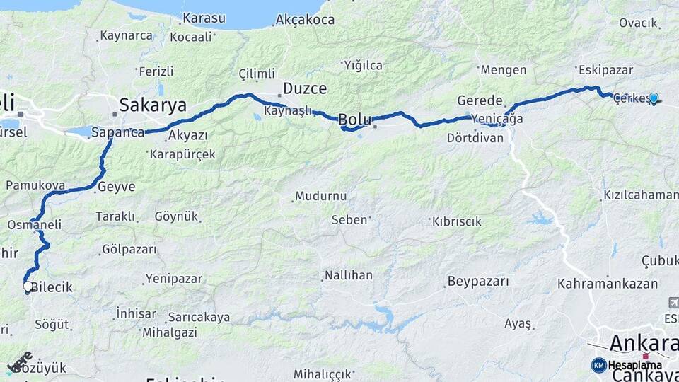 Çankırı Çerkeş Bilecik Arası Kaç Km - Yol Haritası