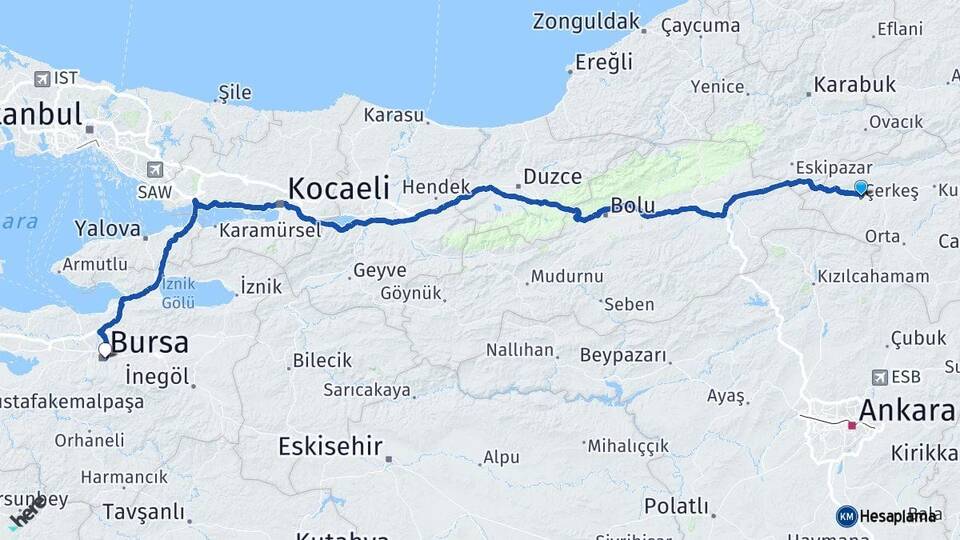 Çankırı Çerkeş Bursa Arası Kaç Km - Yol Haritası