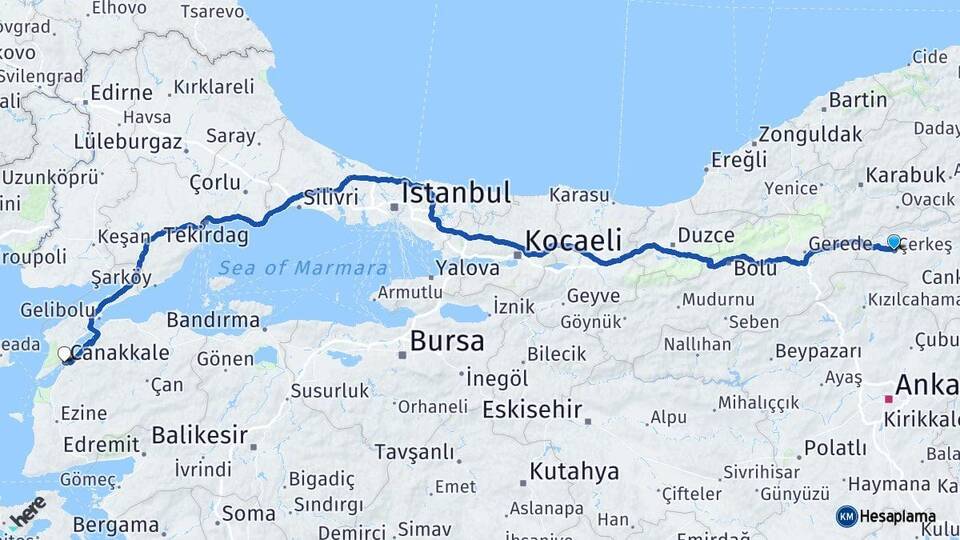 Çankırı Çerkeş Çanakkale Arası Kaç Km - Yol Haritası