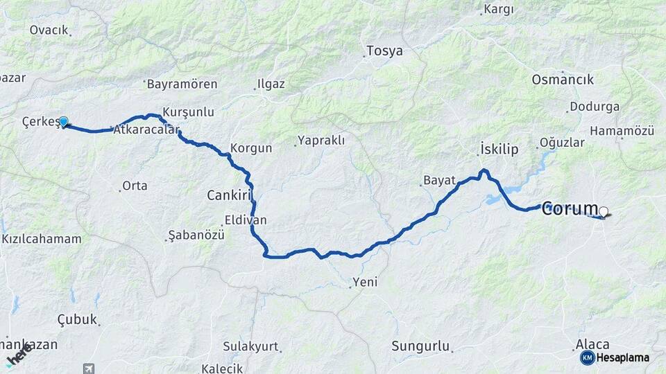 Çankırı Çerkeş Çorum Arası Kaç Km - Yol Haritası
