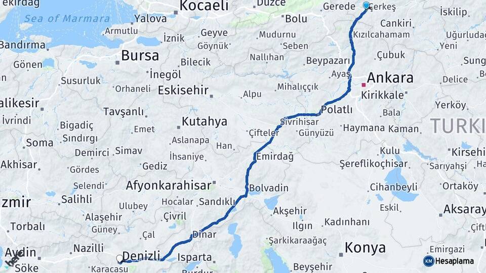 Çankırı Çerkeş Denizli Arası Kaç Km - Yol Haritası