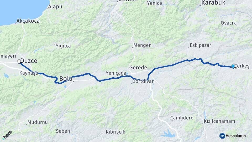 Çankırı Çerkeş Düzce Arası Kaç Km - Yol Haritası