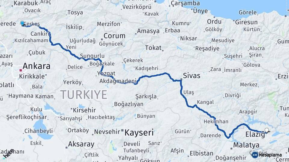 Çankırı Çerkeş Elazığ Arası Kaç Km - Yol Haritası