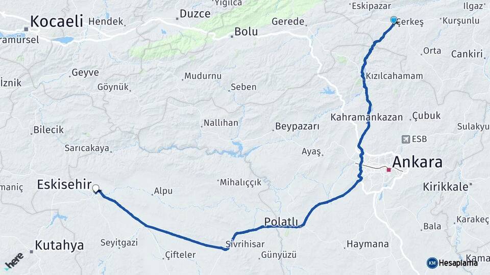 Çankırı Çerkeş Eskişehir Arası Kaç Km - Yol Haritası
