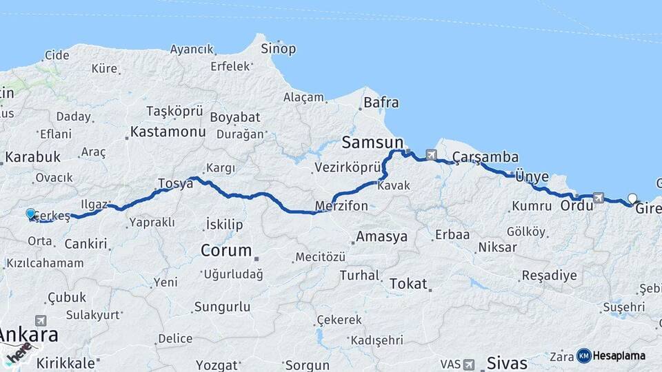 Çankırı Çerkeş Giresun Arası Kaç Km - Yol Haritası