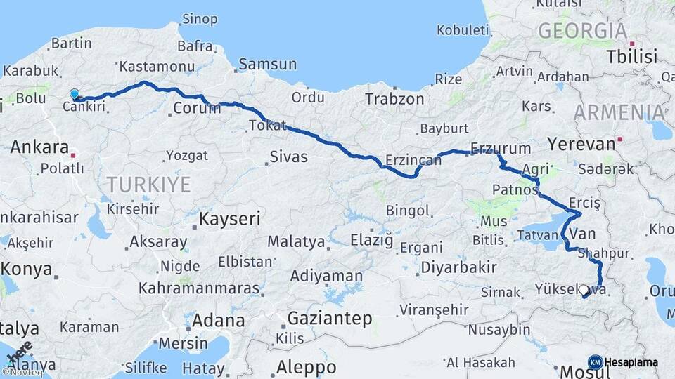Çankırı Çerkeş Hakkari Arası Kaç Km - Yol Haritası