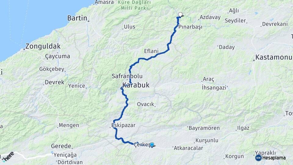 Çankırı Çerkeş Ilıca Pınarbaşı Kastamonu Arası Kaç Km - Yol Haritası