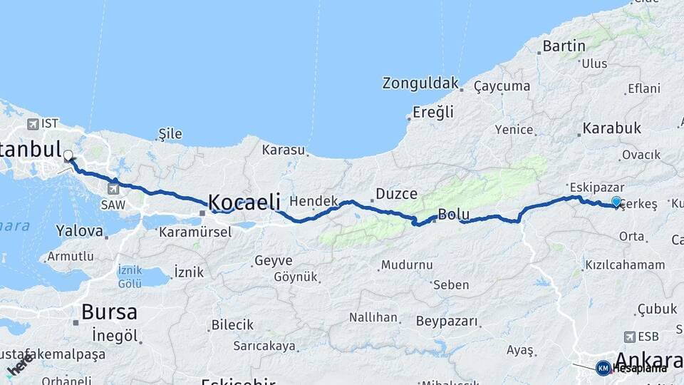 Çankırı Çerkeş İstanbul Arası Kaç Km - Yol Haritası