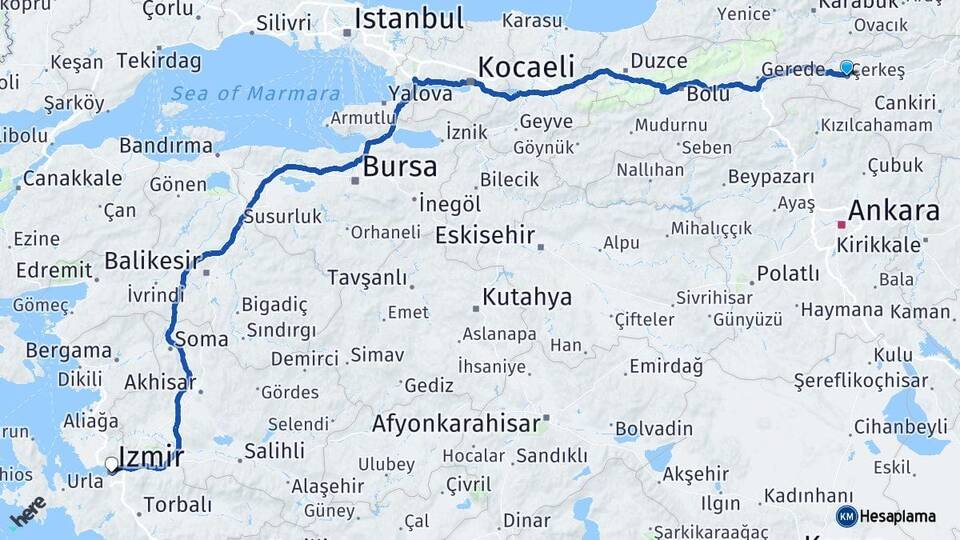 Çankırı Çerkeş İzmir Arası Kaç Km - Yol Haritası