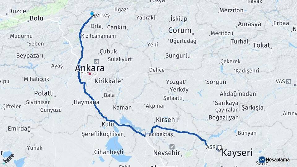 Çankırı Çerkeş Kayseri Arası Kaç Km - Yol Haritası