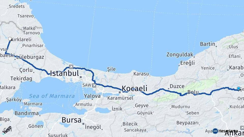Çankırı Çerkeş Kırklareli Arası Kaç Km - Yol Haritası
