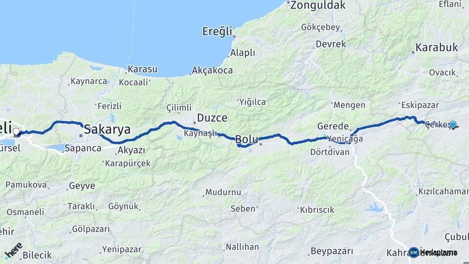 Çankırı Çerkeş Kocaeli Arası Kaç Km - Yol Haritası