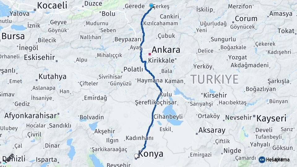 Çankırı Çerkeş Konya Arası Kaç Km - Yol Haritası