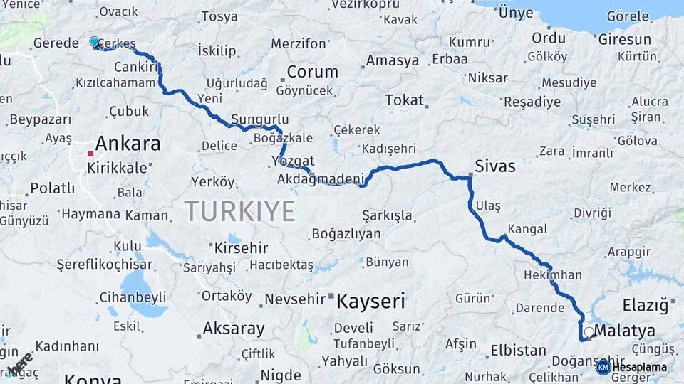 Çankırı Çerkeş Malatya Arası Kaç Km - Yol Haritası