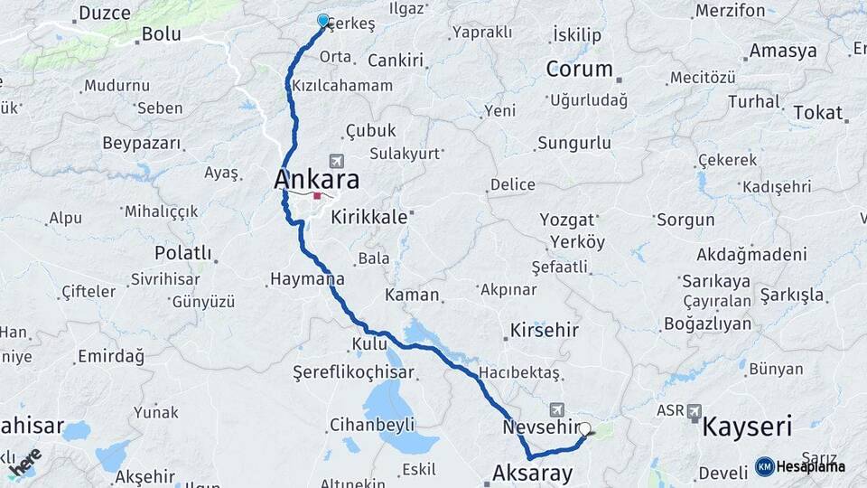 Çankırı Çerkeş Nevşehir Arası Kaç Km - Yol Haritası