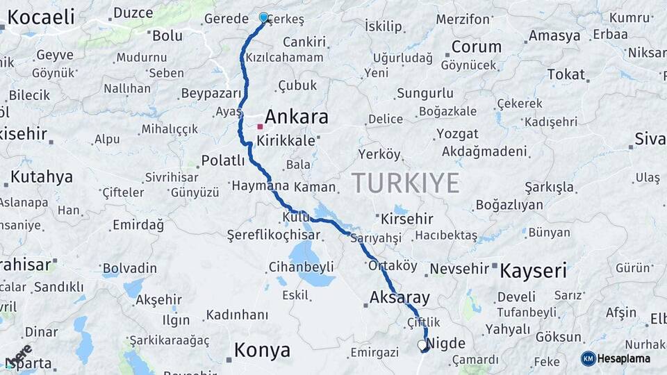 Çankırı Çerkeş Niğde Arası Kaç Km - Yol Haritası