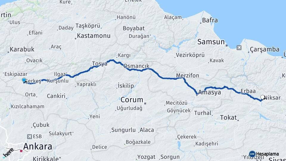 Çankırı Çerkeş Niksar Tokat Arası Kaç Km - Yol Haritası